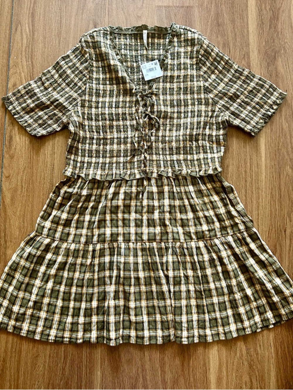 American Eagle Outfitters Olive, Cream and Brown Plaid Lace-Up Dress